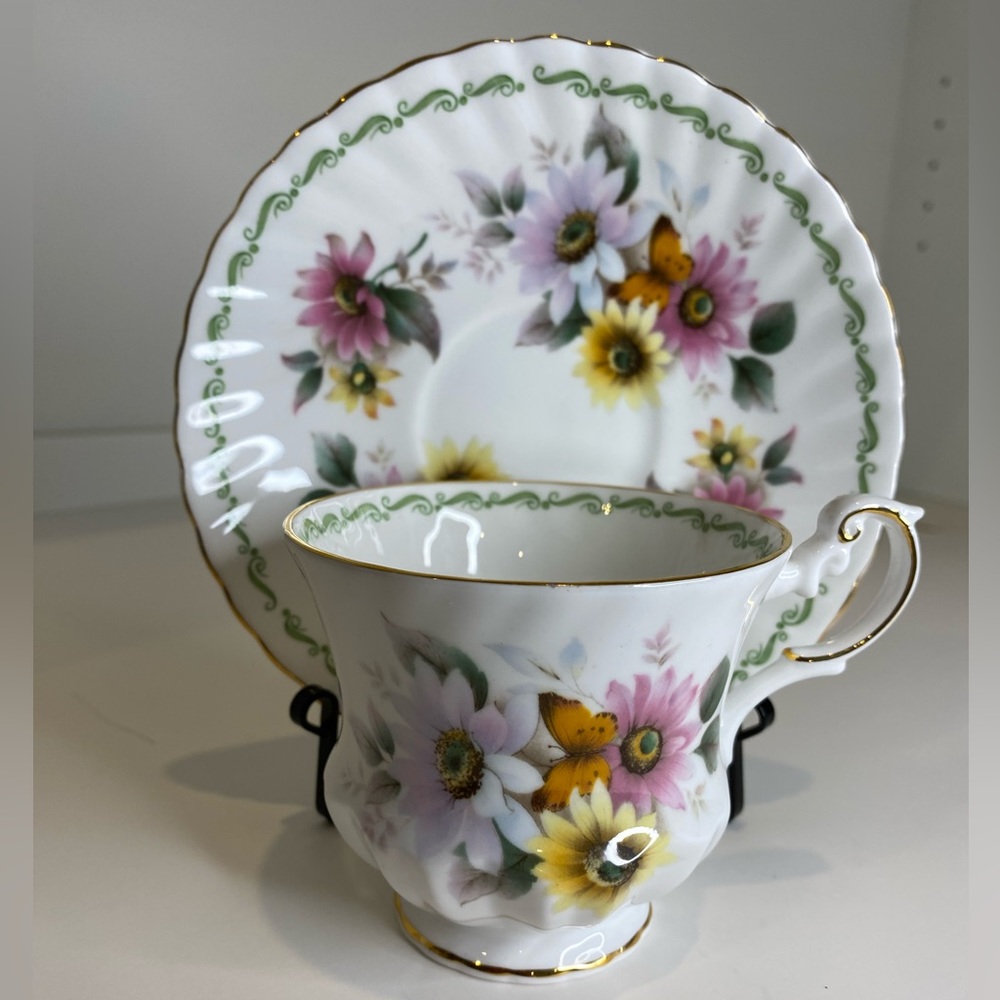 Rosina Queens Bone China Teacup and Saucer Yellow Pink White Daisies Antique Cup
